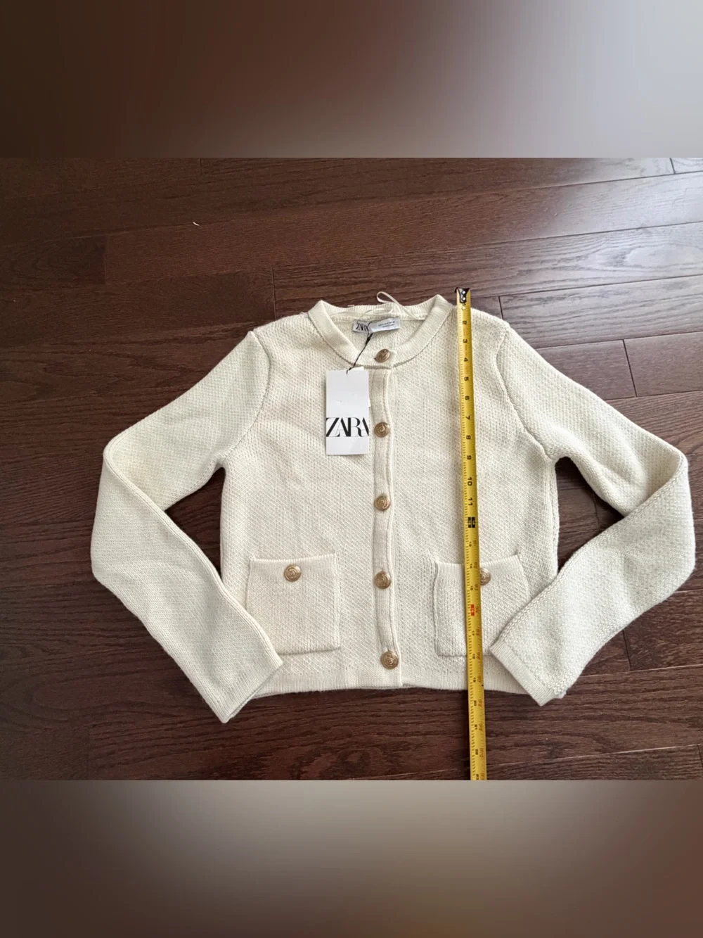 Zara Ivory Texture-knit cardigan featuring gold-tone button Women Size Small NEW